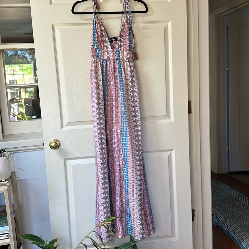 Lulus Maxin Relaxin Multi Print Tie Strap Maxi Dress Sz S Bohemian Sundress